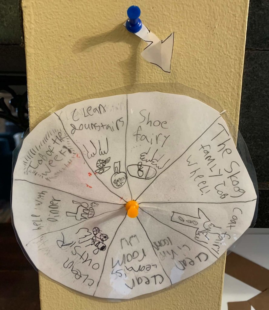 a child's wheel of choice with ideas for chores or contributions
